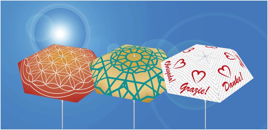 Hochwertige Sonnenschirme mit fertigen farbenfrohen Dessins und Motiven für den Einsatz auf Balkonen und in kleinen Gärten