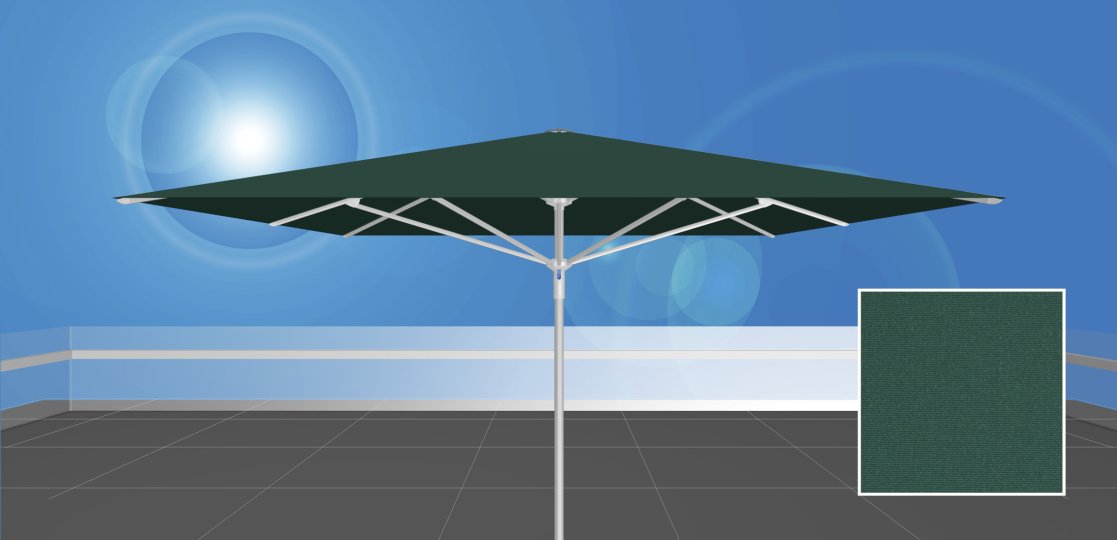 RAYO™ 350.S4 / uni-sol™ 600<br> dunkel grüner Sonnenschirm ohne Volant<br><br>  350 x 350 cm, quadratisch, ohne Volant, Stoffqualität uni-sol™ 600, dunkel grün 