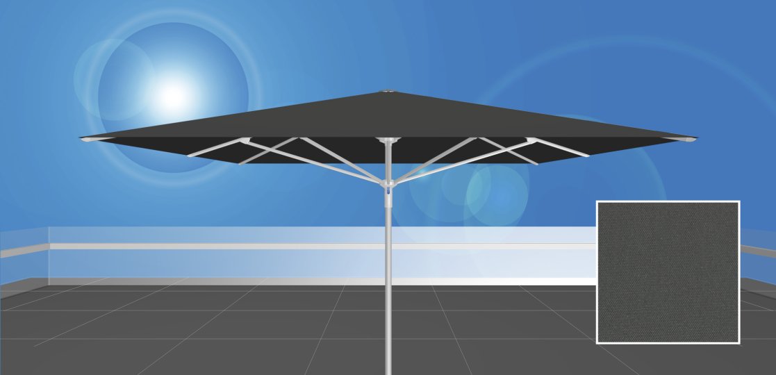 RAYO™ 350.S4 / uni-sol™ 801<br> dunkel grauer Sonnenschirm ohne Volant<br><br>  350 x 350 cm, quadratisch, ohne Volant, Stoffqualität uni-sol™ 801, dunkel grau