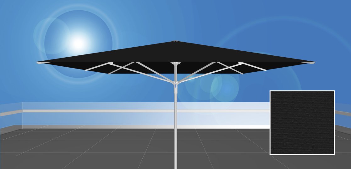 RAYO™ 350.S4 / uni-sol™ 900<br> schwarzer Sonnenschirm ohne Volant<br><br>  350 x 350 cm, quadratisch, ohne Volant, Stoffqualität uni-sol™ 900, schwarz