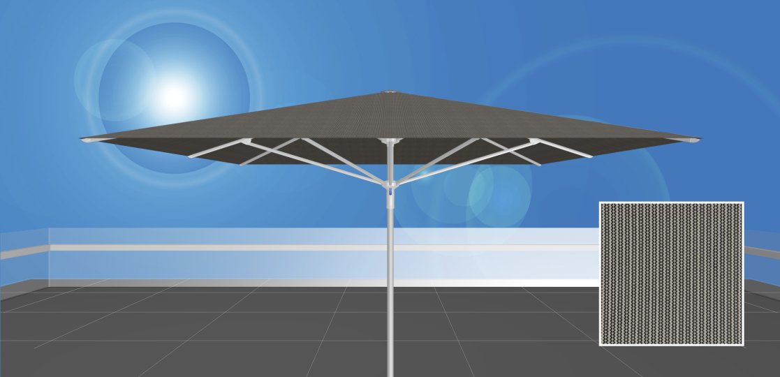 RAYO™ 350.S4 / uni-sol™ 903<br> schwarz melierter Sonnenschirm ohne Volant<br><br>  350 x 350 cm, quadratisch, ohne Volant, Stoffqualität uni-sol™ 903, schwarz meliert 