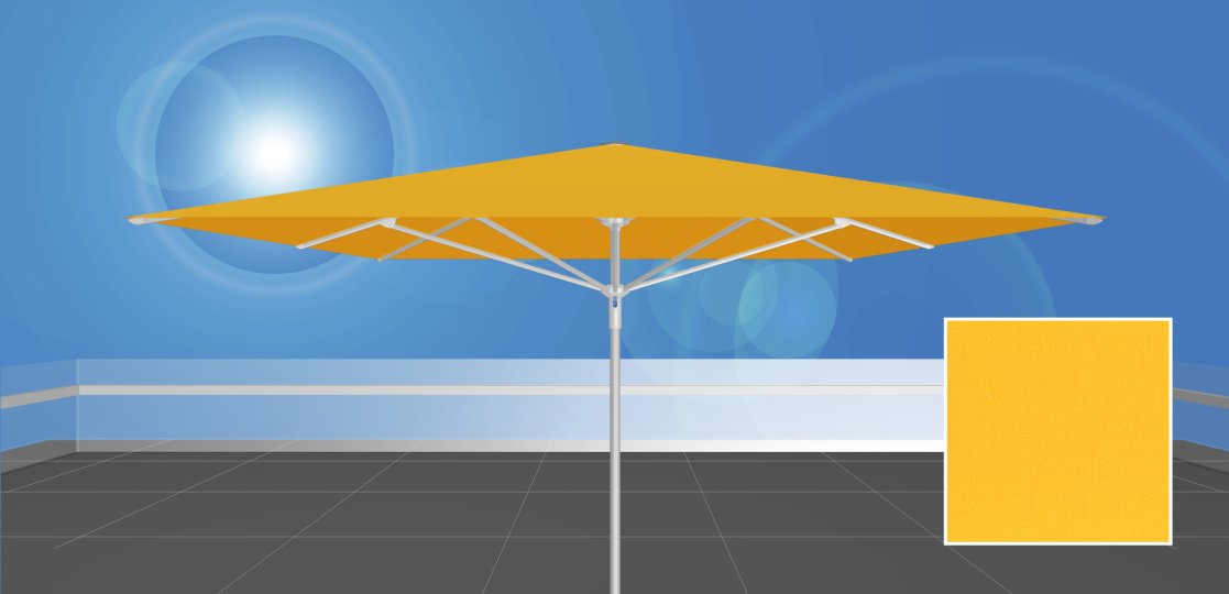 RAYO™ 350.S4 / uni-sol™ 200<br> gelber Sonnenschirm ohne Volant<br><br>  350 x 350 cm, quadratisch, ohne Volant, Stoffqualität uni-sol™ 903, schwarz meliert 