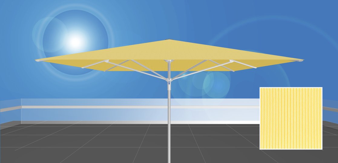 RAYO™ 350.S4 / uni-sol™ 203<br> gelb melierter Sonnenschirm ohne Volant<br><br>  350 x 350 cm, quadratisch, ohne Volant, Stoffqualität uni-sol™ 203, gelb meliert 