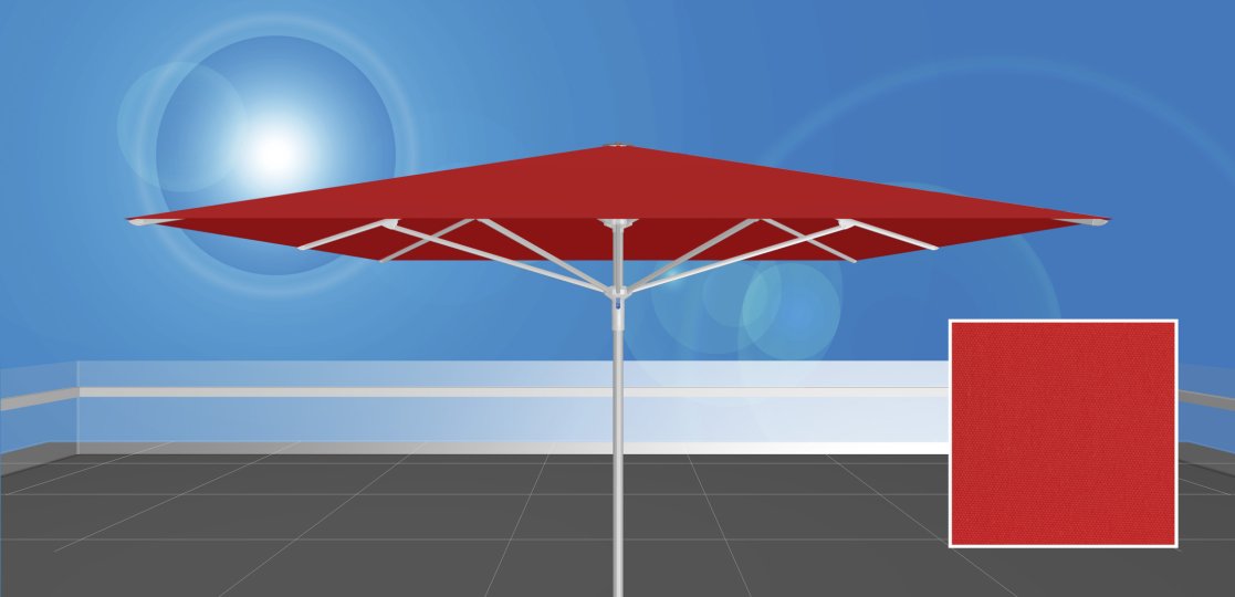 RAYO™ 350.S4 / uni-sol™ 400<br> roter Sonnenschirm ohne Volant<br><br>  350 x 350 cm, quadratisch, ohne Volant, Stoffqualität uni-sol™ 400, rot 