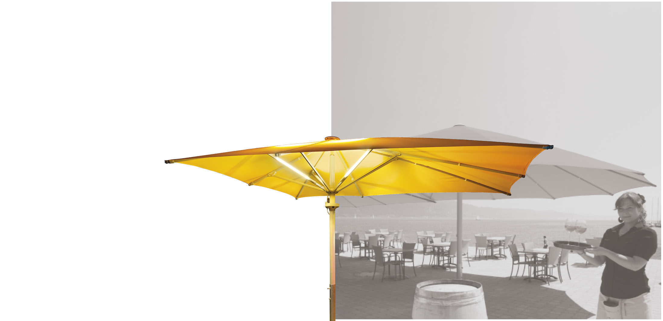 Sonnenschirme für Ihr Gastro- und Hotelgewerbe. Individuell bedruckt mit Logo oder vollflächig. Individuell ausgestattet mit Licht, Heizung und Lautsprechern.